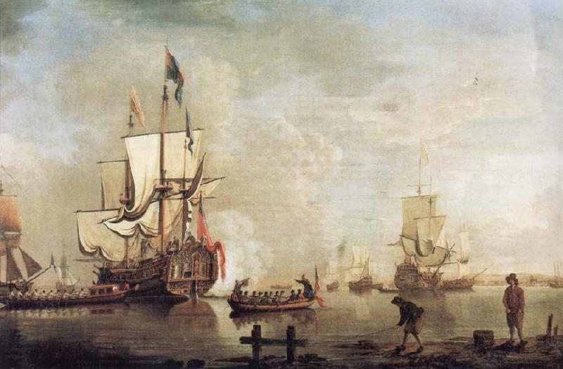 Thomas Mellish The Royal Caroline in a calm estuary flying a Royal standard and surrounded by an attendant barge and other small boats